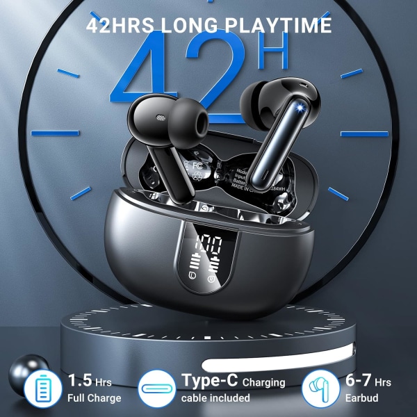 Langattomat nappikuulokkeet, 2023 langattomat kuulokkeet HiFi-stereokuulokkeet 4 ENC-kohinanvaimennusmikrofonilla, 42 tunnin toistoaika korvanappikuulokkeet, Bluetooth 5.3 urheilukuulokkeet Black