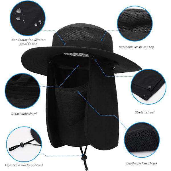 Utomhus solhatt UPF 50 skydd Vattentät fiskehatt Ansiktsöverdrag Sommar nackskydd hatt Black