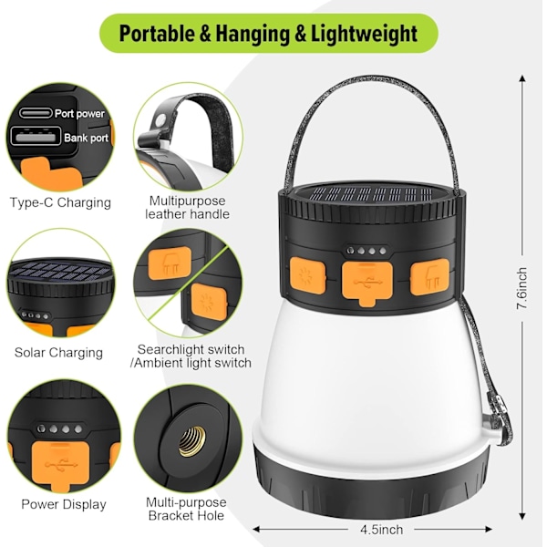 1500 lumenin LED-retkeilylyhty - aurinko- ja USB-ladattava 7500 mAh:n varavirtalähde, 8 tilaa, vedenpitävä ulkoiluun, hätätilanteisiin ja seikkailuihin Orange&Black