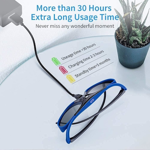 DLP 3D-glasögon, 144Hz laddningsbara 3D aktiva slutareglasögon för alla DLP-Link 3D-projektorer, kan inte användas för TV-apparater Blue 1 pcs