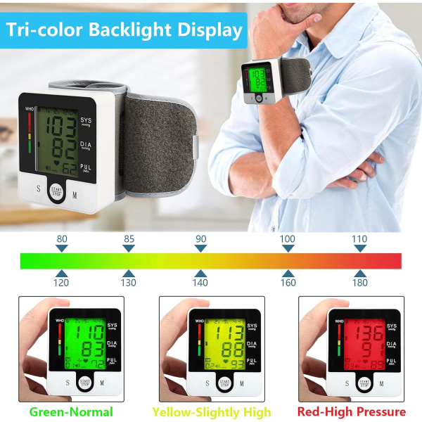 Håndledsblodtryksmonitor, Blodtryksapparat, Automatisk tale, Stort LCD-display, Digital hjerterytmemåler, Stemmealarm Hjem BP-manchet M