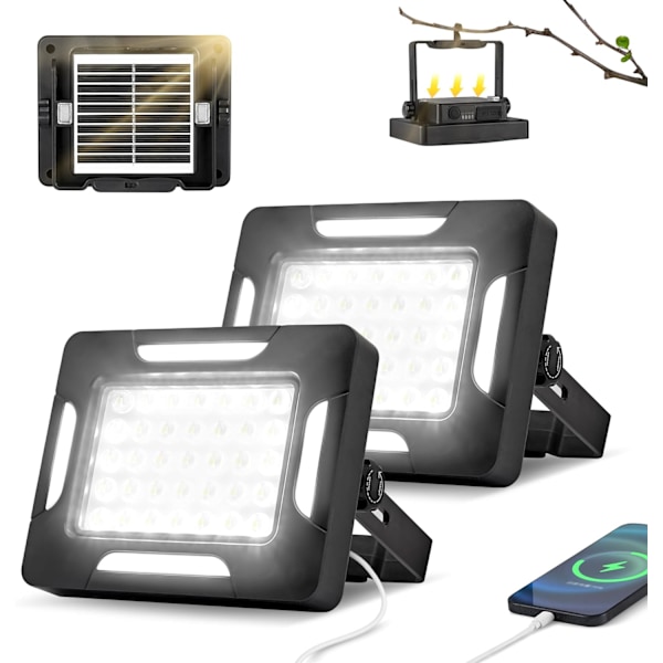 2000LM Himmennettävät LED-aurinkoleirivalot - Magneettinen IP67 Vedenpitävä 5 tilaa ja jalusta sisä- ja ulkokäyttöön Black