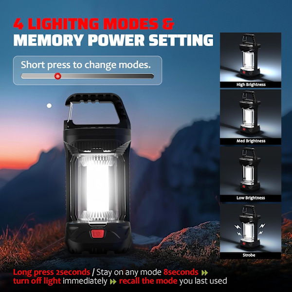2 kpl 2000LM ladattavia LED-retkilyhtyjä - 3 tilaa, vedenpitävä ja kannettava hätätilanteisiin Midnight Black