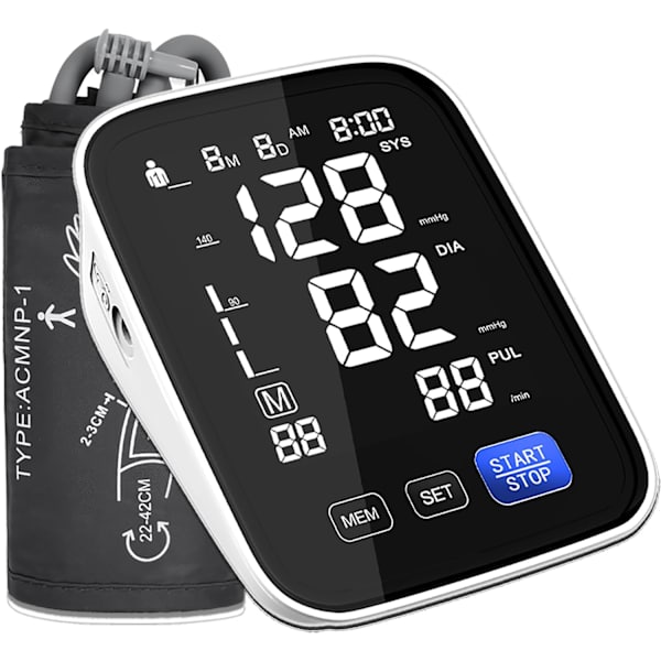 Automatisk blodtrycksmätare för överarm, 2 användare 2x90 minnen Digital blodtrycksmanschett med 4*AAA-batterier och DC-kabel