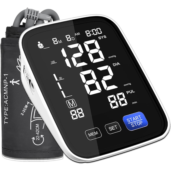 Automatisk overarms blodtrykksmåler, dobbeltbruker 2x90 minner digital blodtrykksmansjett med 4*AAA-batterier og likestrømskabel