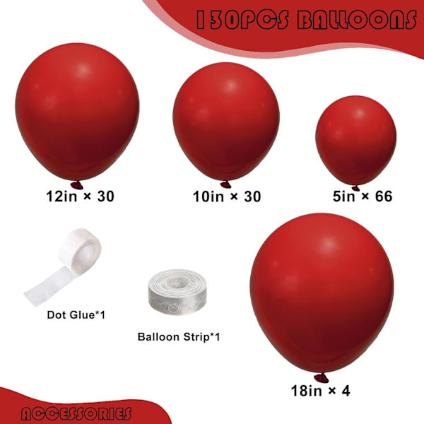 130 st Ruby Red Ballonger Olika Storlekar 18\" 12\" 10\" 5\" Ballong Girlang Båge Kit perfekt för Födelsedagsfest, Examen, Baby Shower, Bröllop, Helgdag Ruby Red