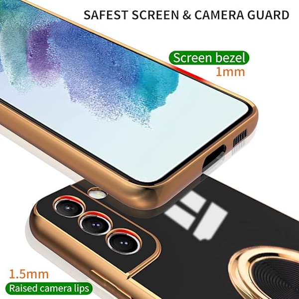 Yhteensopiva Samsung Galaxy S21 FE -kotelon kanssa, jossa on sormuspidike ja jalusta [magneetilla], pehmeä TPU-iskunkestävä galvanoidulla suojakuori