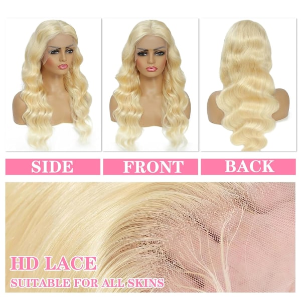 26 tum 613 13x6 spets peruk människohår blond HD spets peruk människohår förplockad 180% densitet våg transparent spets frontal limfri Light Gold 26 Inch