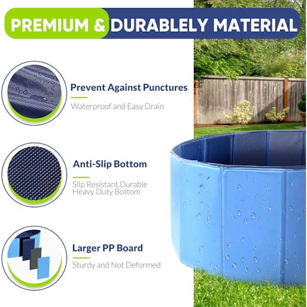 Foldbar Hundepool til Små Kæledyr - 6mm Hård Plast Sammenklappelig Kæledyrs Badekar Skridsikker Hurtig Opsætning & Dræning 81x20cm BLUE 80x7.62 cm