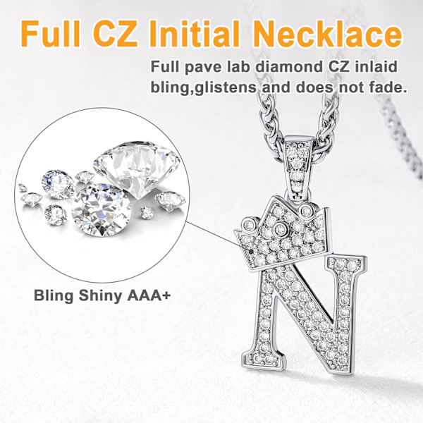 Krone Initial A-Z Halskjede, Iced Out Bokstavanheng med 22-24 Tommers Kjede, Menn Kvinner Bling Hip Hop Alfabet Navn Smykker Gave Store Initialer Halskjeder N Silver