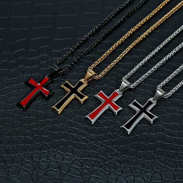 Halsband med korshänge i rostfritt stål för män med vetekedja Silver Red