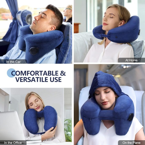 Nackkudde för resor Uppblåsbar flygplansdyna Stöder bekvämt huvud, nacke och haka, uppblåsbar resedyna med mjuk velouröverdrag, hatt, bärbar Blue with Hat