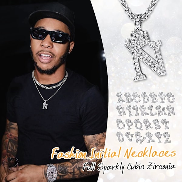 Krone Initial A-Z Halskjede, Iced Out Bokstavanheng med 22-24 Tommers Kjede, Menn Kvinner Bling Hip Hop Alfabet Navn Smykker Gave Store Initialer Halskjeder N Silver