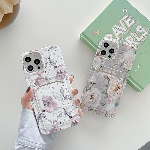 Designet til iPhone 13 Pro Cover med Kortholder, blomstret design cover til kvinder piger TPU Bumper Akryl Bagside Slankt