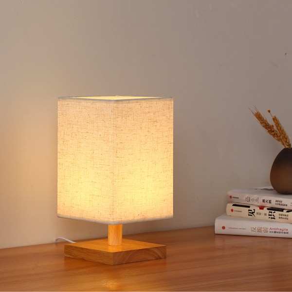 Lille bordlampe - Træsengebordslampe Enkel soveværelseslampe Linnedsskærm Mini skrivebordslampe Nattelys Natbordlampe til soveværelse