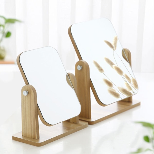 Sminkbordsspegel i trä, 360° vridbar skrivbordsspegel, fyrkantig spegel för sminkbord, skrivbord, badrum, sovrum (1), 22 x 17 cm