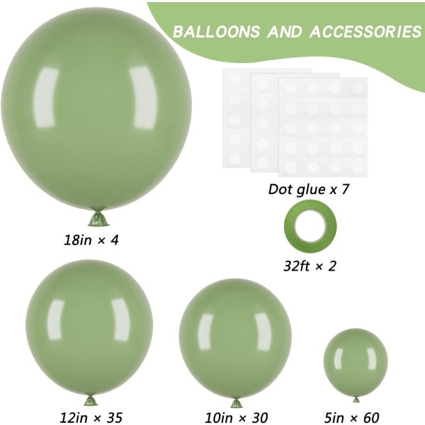129 stk salviegrønne ballonger lateksballonger i forskjellige størrelser 18 12 10 5 tommer olivengrønt festballongsett til bursdagsfest uteksaminering babyshower bryllup Sage Green