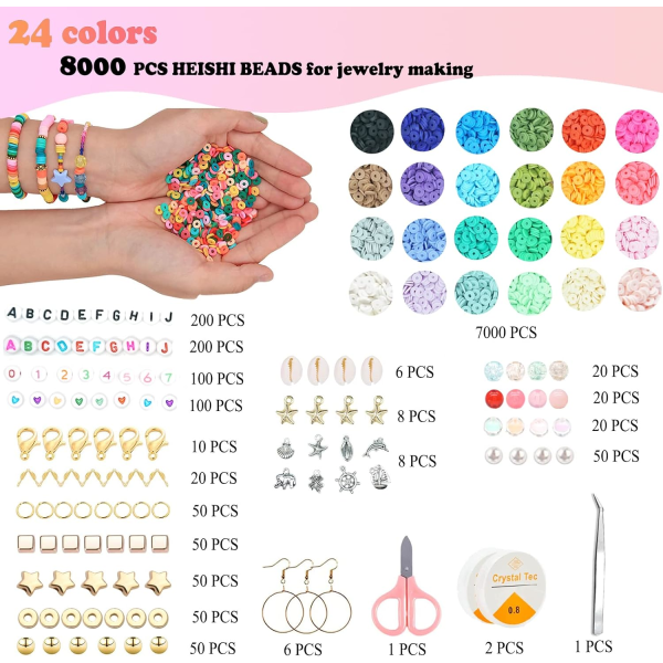 8000 stk leireperler vennskapsarmbånd lage sett, 24 farger polymer leireperler for smykkeproduksjon, DIY armbånd smykkeproduksjon sett, håndverk gave sett