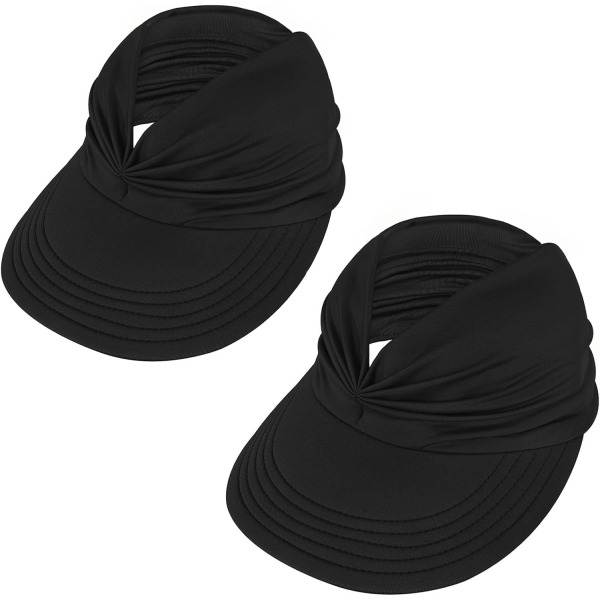 Solhattar för kvinnor UV-skydd Solskärm Bred Brätte Sommarhattar med hästsvans 2 Pack Black