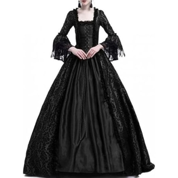 Renässansklänning för kvinnor, viktoriansk gotisk vintage Halloween-fest Queen Princess Vampire Cosplay Kostym-Svart，S