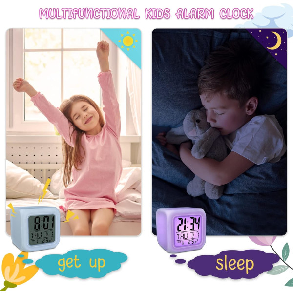 Barnväckarklocka LED digital väckarklocka med tid-datum-alarm 7 färger Nattljusklocka Vit