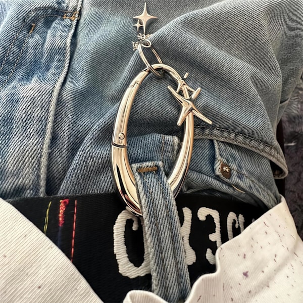 Starlight Y2K Metall Karbinhake Set: Tungt Glänsande Bältesögla Tillbehör Bälte & Stjärna Silver Matt Krom Nyckelring - Trendig Gåva för Y2K En Silver