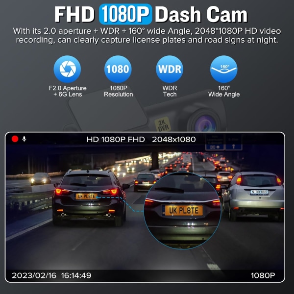 Dash Cam, WiFi FHD 1080P Dashkamera til biler, Mini bilkamera, Dash Cam forrest med gratis 64 GB SD-kort, 160° vidvinkel, nattesyn, loop-optagelse,