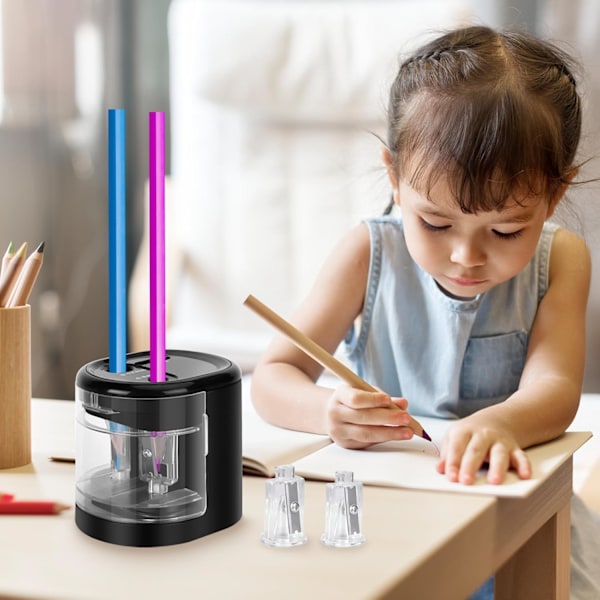 Automatisk elektrisk blyantspisser med dobbel hull design for standard- og fargeblyanter, perfekt for bruk på skole, kontor og hjemme, svart