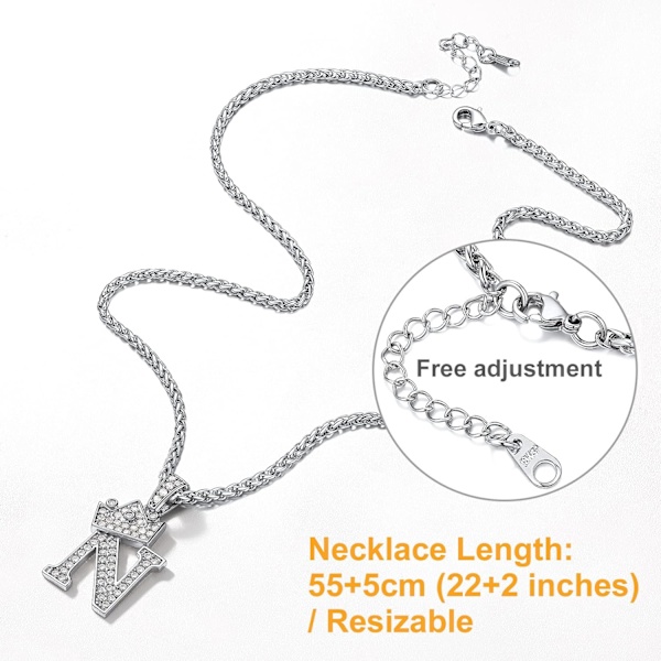Krone Initial A-Z Halskjede, Iced Out Bokstavanheng med 22-24 Tommers Kjede, Menn Kvinner Bling Hip Hop Alfabet Navn Smykker Gave Store Initialer Halskjeder N Silver