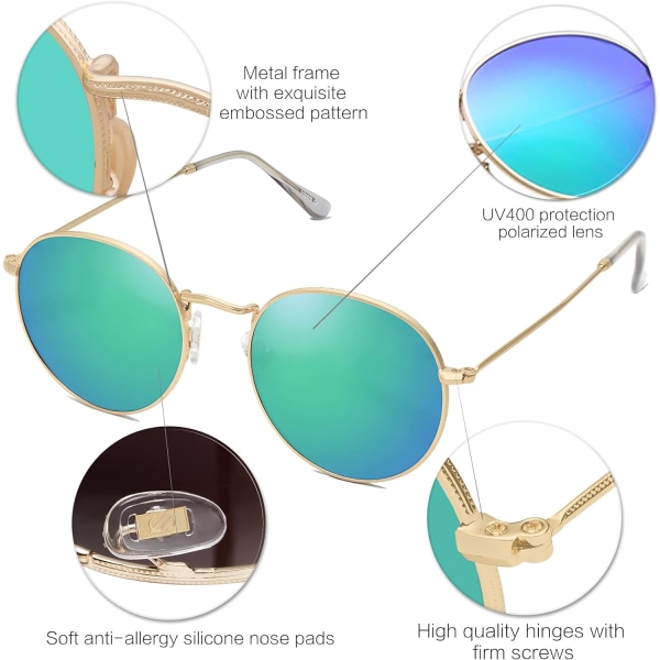 Pienet pyöreät polarisoidut aurinkolasit naisille ja miehille, klassiset vintage-retrovarjostimet UV400 Gold Greenish Blue