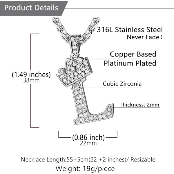 Krone Initial A-Z Halskjede, Iced Out Bokstavanheng med 22-24 Tommers Kjede, Menn Kvinner Bling Hip Hop Alfabet Navn Smykker Gave Store Initialer Halskjeder L Silver