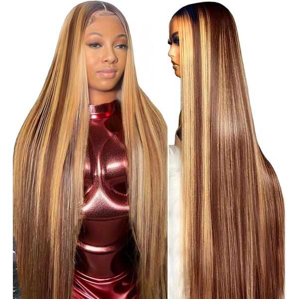 30 tommers Highlight Ombre Lace Front Parykk Menneskehår 180% Tetthet 13x4 Hd Transparent Lace Front Parykker Menneskehår Honningblond 4/27 Highlight Lace Front Frontal Ombre Highlight Wig 30 Inch