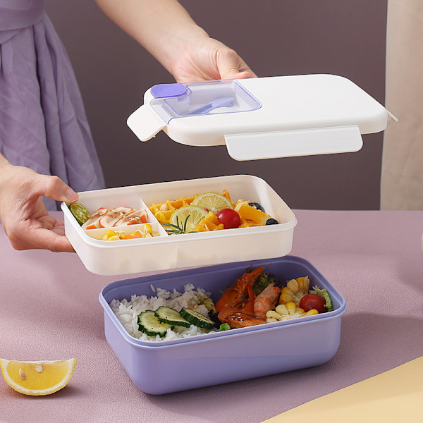 Dobbeltlags Bento Madkasse | Stor Kapacitet Bærbar Rektangulær Beholder med Isoleret Opbevaring | Lækagesikker & Let at Rengøre purple