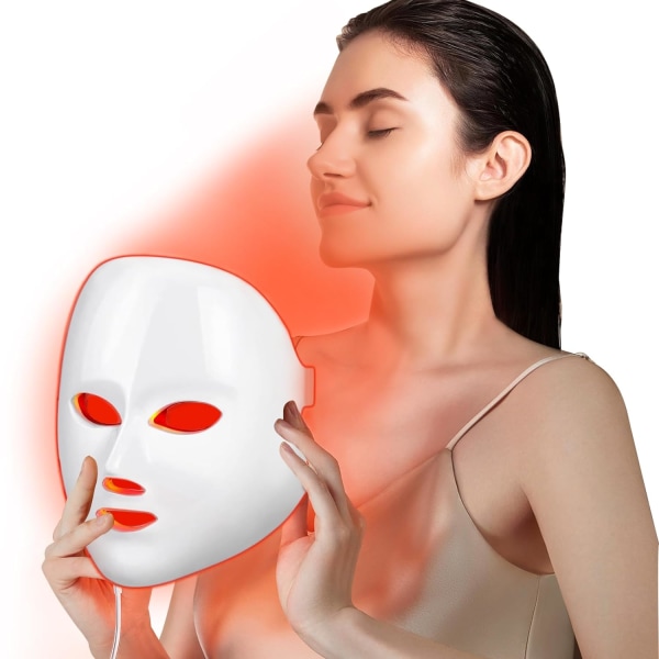 Led rött ljusterapi för ansikte, 7-färgs ansiktsmask blå röd för ansikts ansiktshudvård (vit)