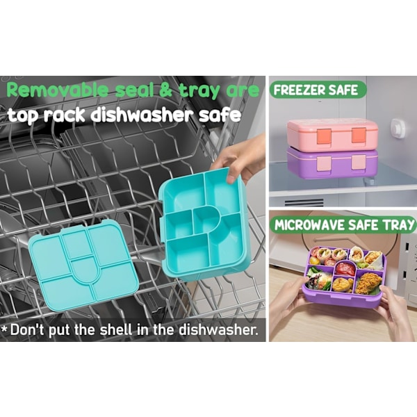 32oz 6-lokeroinen lasten Bento-välipalalaatikko - Tiivis, BPA-vapaa lounasrasia irrotettavalla tarjottimella, mikroaaltouunin ja astianpesukoneen kestävä pink