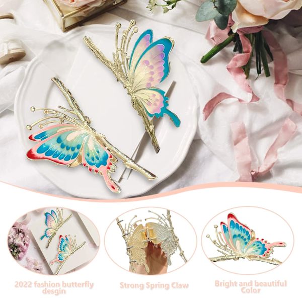 Sommerfugl hårklemme til kvinder, 2 stk. store skridsikre stærke metal sommerfugl hårklemmer glitrende hold hårklemme A-Butterfly