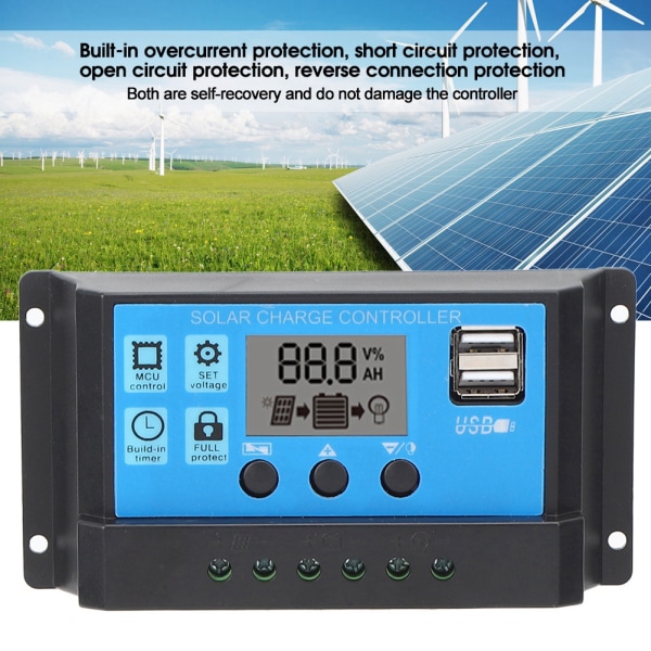 Solcelle-ladecontroller LCD dobbelt USB PWM-cellepanelregulator med automatisk belastningsidentifikation 12V 24V50A