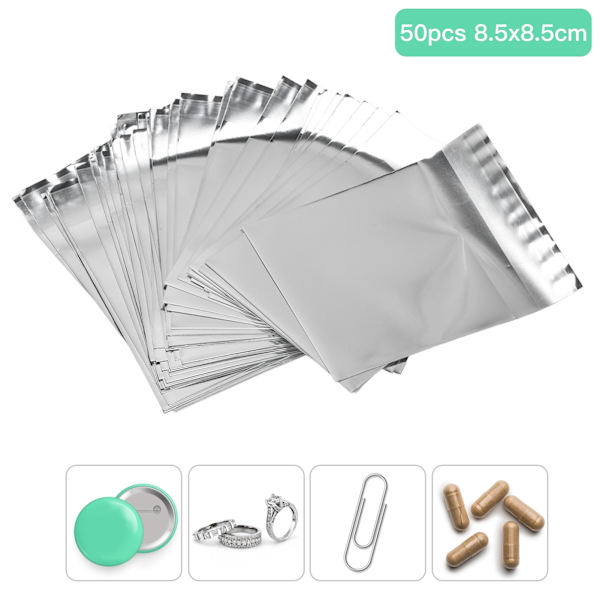 50 stk. genlukkelige poser, vandtætte, støvtætte, besparende, genanvendelige, holdbare aluminiumsfolie, bredt anvendte lugtsikre poser 8,5x8,5cm