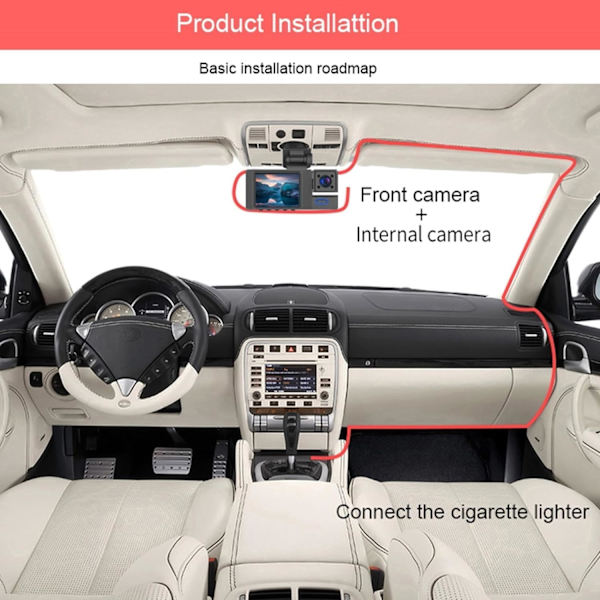 Dashkamera fram inuti bak 1080P FHD för bilar, tre linser 2 tums display bilkamera med 170 ° ultra vidvinkel, stöd 128G, infraröd nattvisio