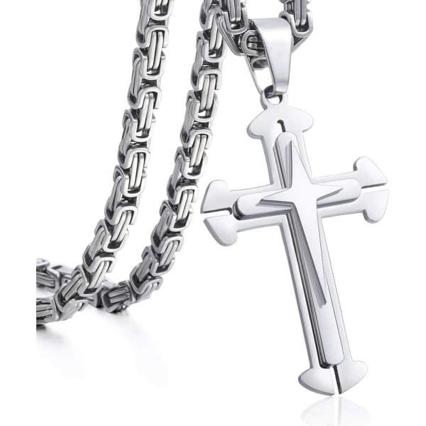 Kors Vedhæng Halskæde Mænd Drenge Rustfrit Stål Guld Sølv Byzantinsk Kæde 22 24 26 28 30inch 26inch Silver Tone
