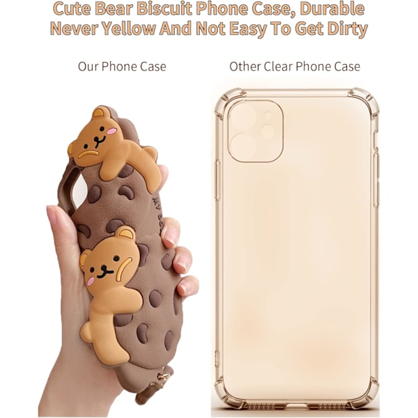 iPhone 13 Pro -kotelo, söpö avaimenperällä ja kaulanauhalla, Kawaii-puhelinkuoret, 3D-sarjakuva karhu-keksi iPhone-kotelo, pehmeä silikoni, iskunkestävä