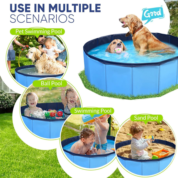 Foldbar Hundepool til Små Kæledyr - 6mm Hård Plast Sammenklappelig Kæledyrs Badekar Skridsikker Hurtig Opsætning & Dræning 81x20cm BLUE 80x7.62 cm