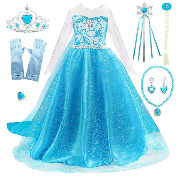 Elsa prinsessdräkt med tillbehör för prydnadskläder Födelsedagsfest Cosplay Jul Halloween|(140CM)