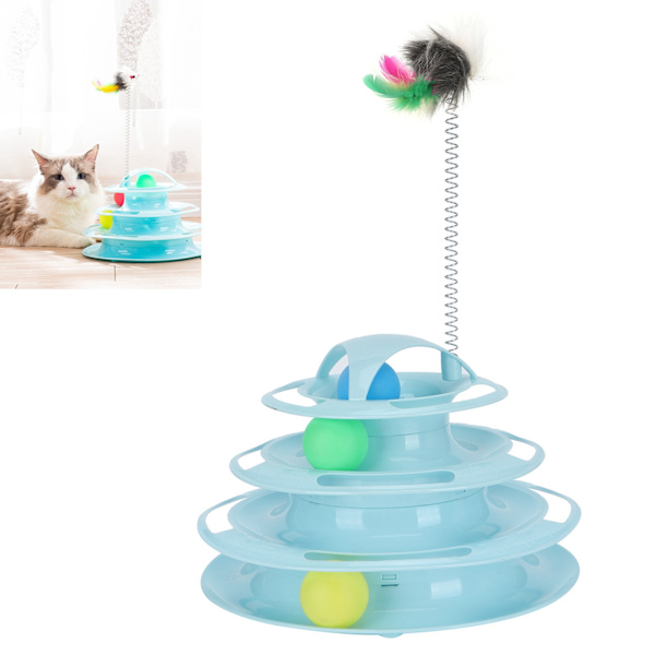 Katt 4 nivåer torn med 4 rullande bollar AntiSlip husdjur interaktiva spår rolig leksak Blue