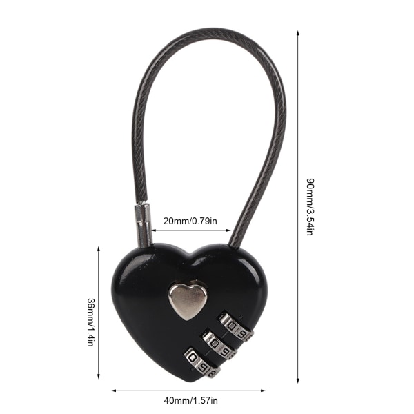 Heart Shape 3-cifret kodekombination Bagagetaskelås Adgangskode Sikkerhed Par hængelås (sort)