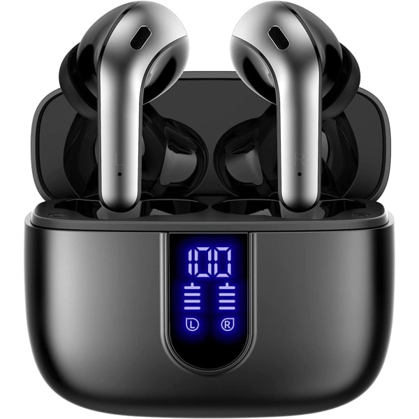 Bluetooth-hovedtelefoner True Wireless Earbuds 60H Playback LED Power Display-øretelefoner med trådløst opladningsetui IPX5 Vandtætte øretelefoner med M Black