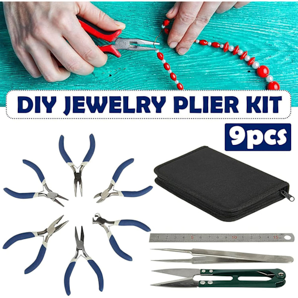 9 st Smyckestänger Set - DIY Reparations- & Tillverkningsverktyg med Sax, Linjal, Fodral för Smycken, Örhängen, Pärltillverkning