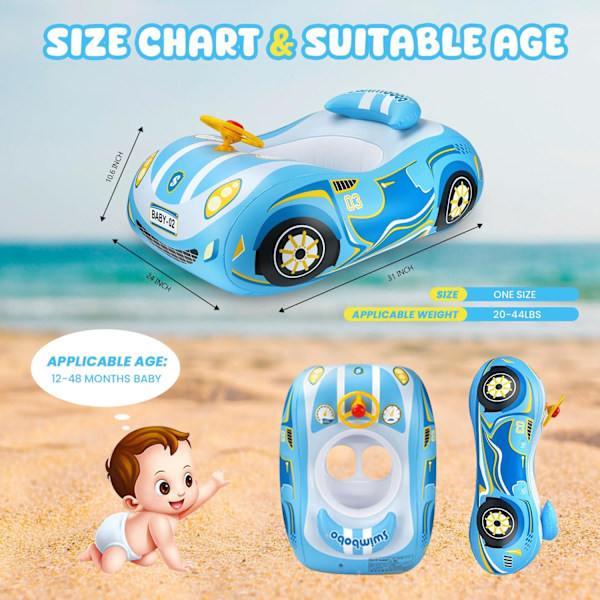 3D Bil Baby Pool Float - Kraftig Babybadring för 12-48 Månader Småbarn, Säker Poolleksak för Pojkar & Flickor blue 25*6*28cm
