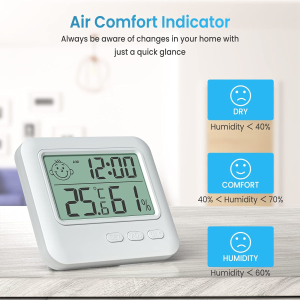 Sisätilojen digitaalinen lämpömittari, tarkka huonelämpötilan mittari, kosteusmittari herätyskellolla, ilmankosteusindikaattorilla, LCD-näyttö kotiin