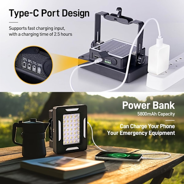 2000LM Dimbar LED Solarlampa för Camping - Magnetisk IP67 Vattentät 5 Lägen & Ställ för Inom- och Utomhusbruk Black